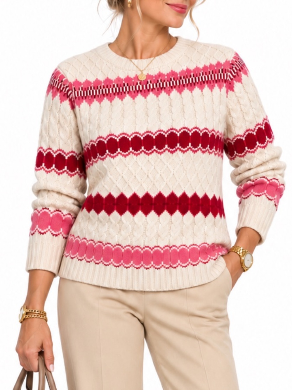 Talbots Red & Cream Cable Knit Fair Isle Crewneck Sweater SZ LG EUC
